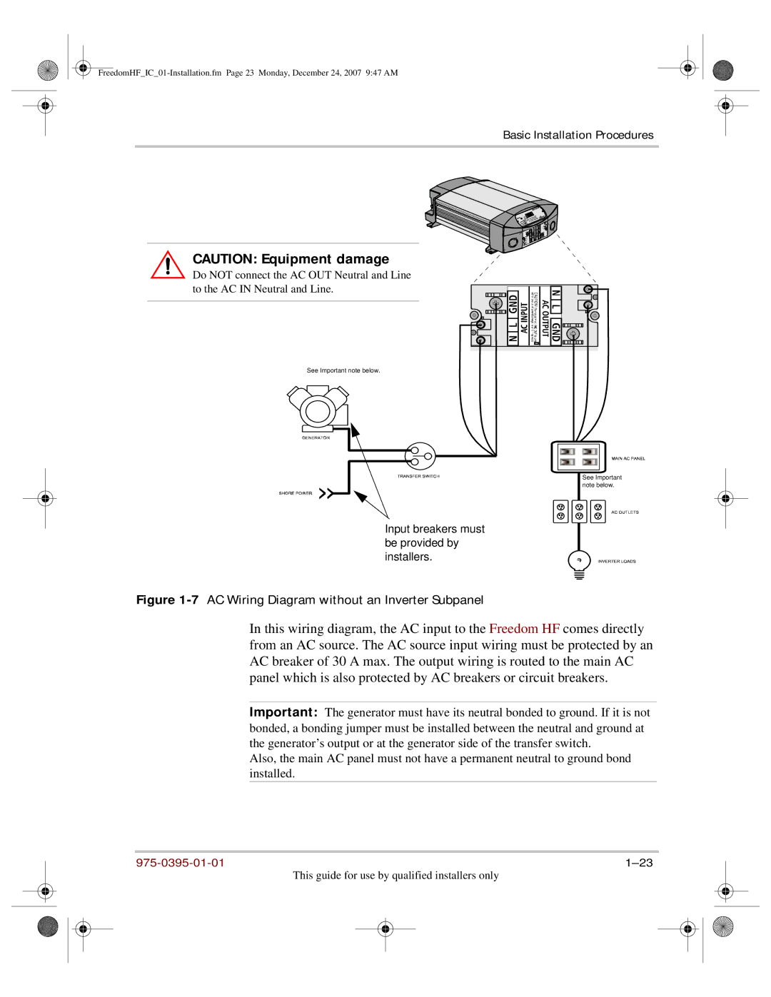 Xantrex Technology 1800, 1000 manual 7AC Wiring Diagram without an Inverter Subpanel 