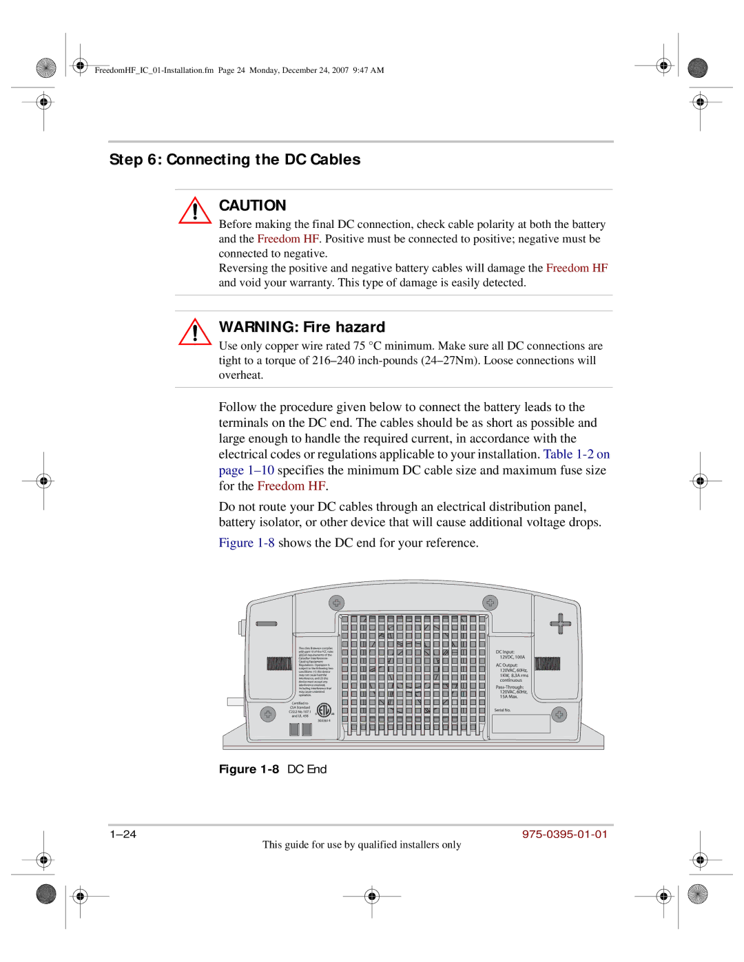 Xantrex Technology 1000, 1800 manual Connecting the DC Cables, 8shows the DC end for your reference 