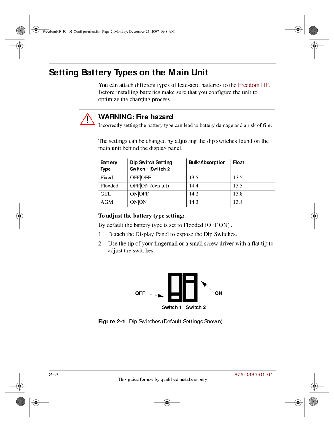 Xantrex Technology 1000, 1800 manual Setting Battery Types on the Main Unit, To adjust the battery type setting 