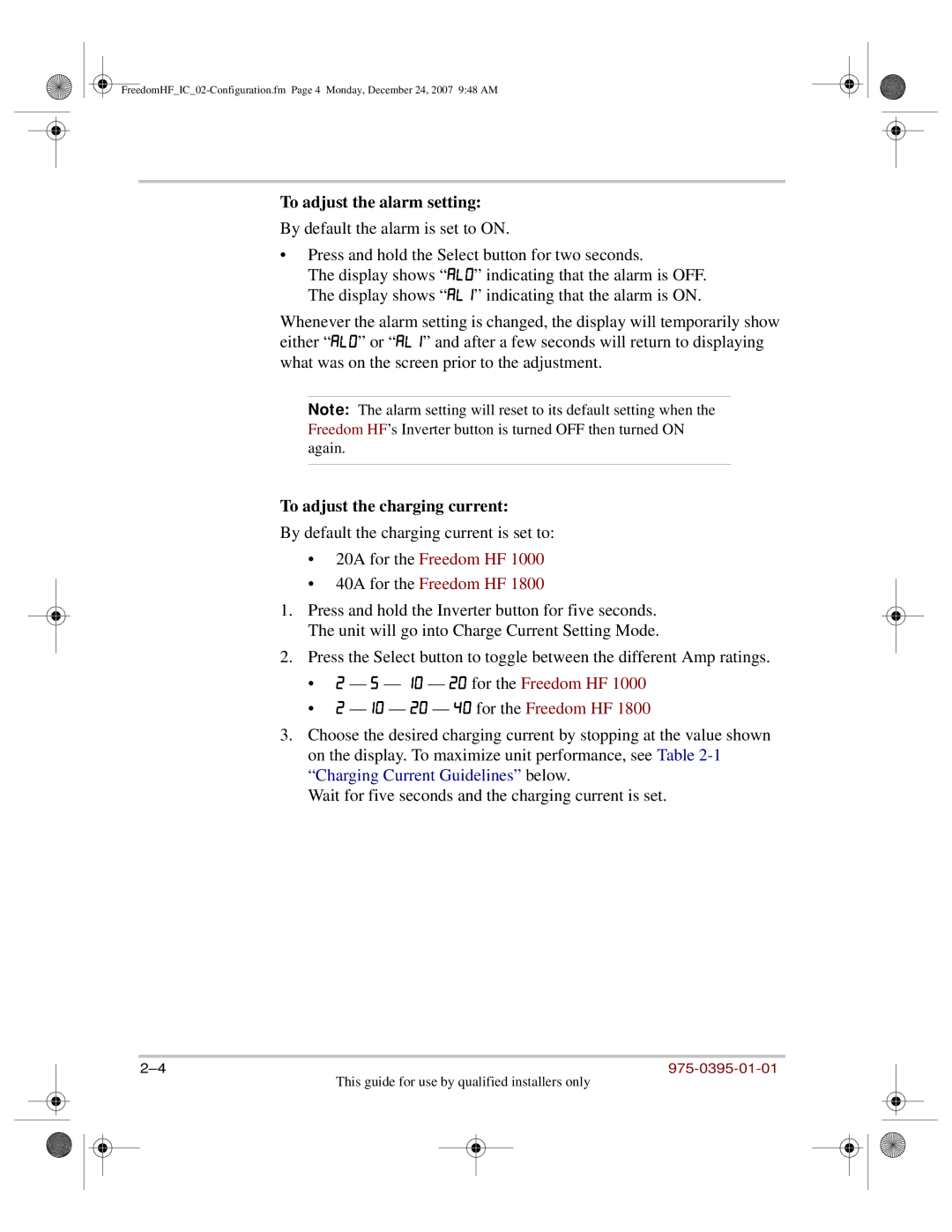 Xantrex Technology 1000, 1800 manual To adjust the alarm setting, To adjust the charging current 