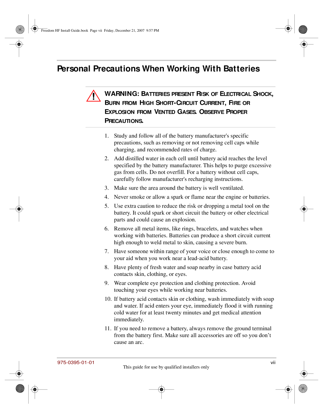 Xantrex Technology 1800, 1000 manual Personal Precautions When Working With Batteries, 975-0395-01-01 Vii 