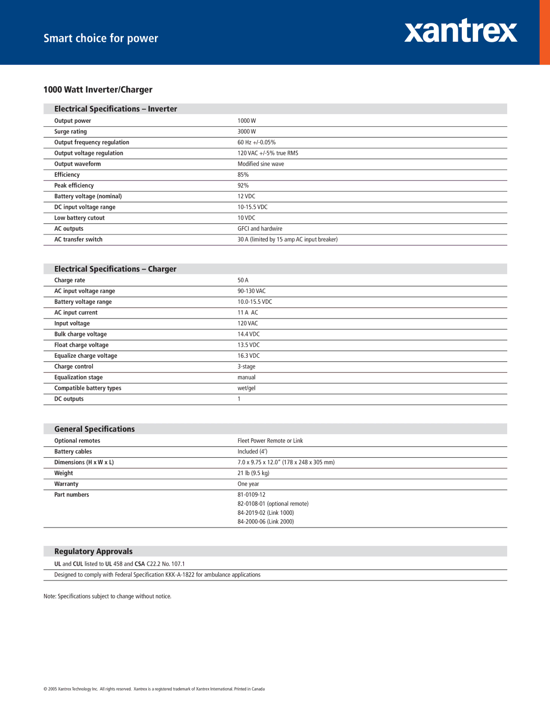 Xantrex Technology 1000 warranty Smart choice for power, Watt Inverter/Charger 