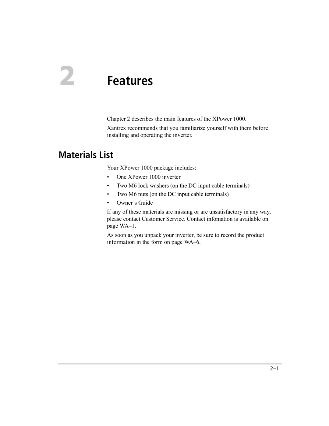 Xantrex Technology 1000 manual Features, Materials List 