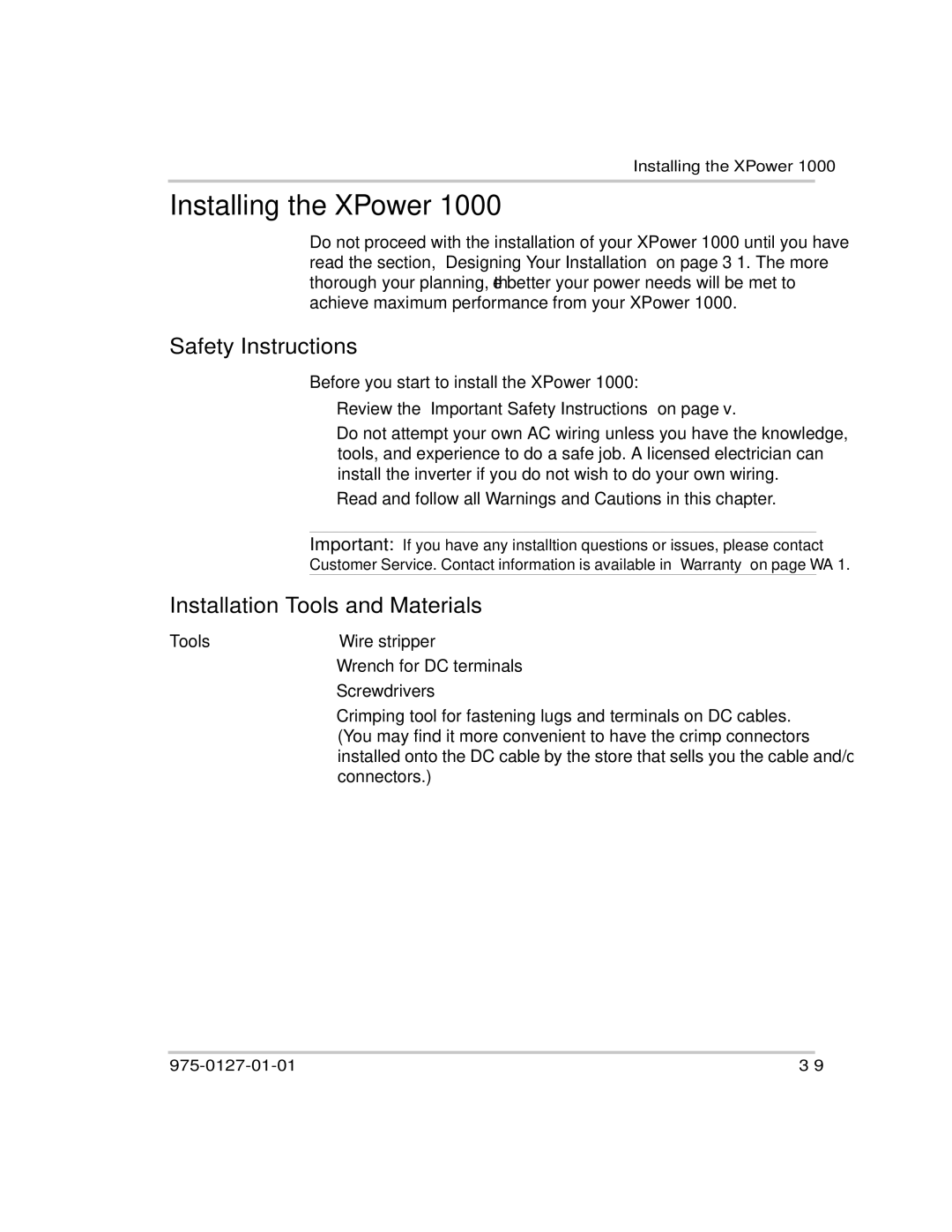 Xantrex Technology 1000 manual Installing the XPower, Safety Instructions, Installation Tools and Materials 