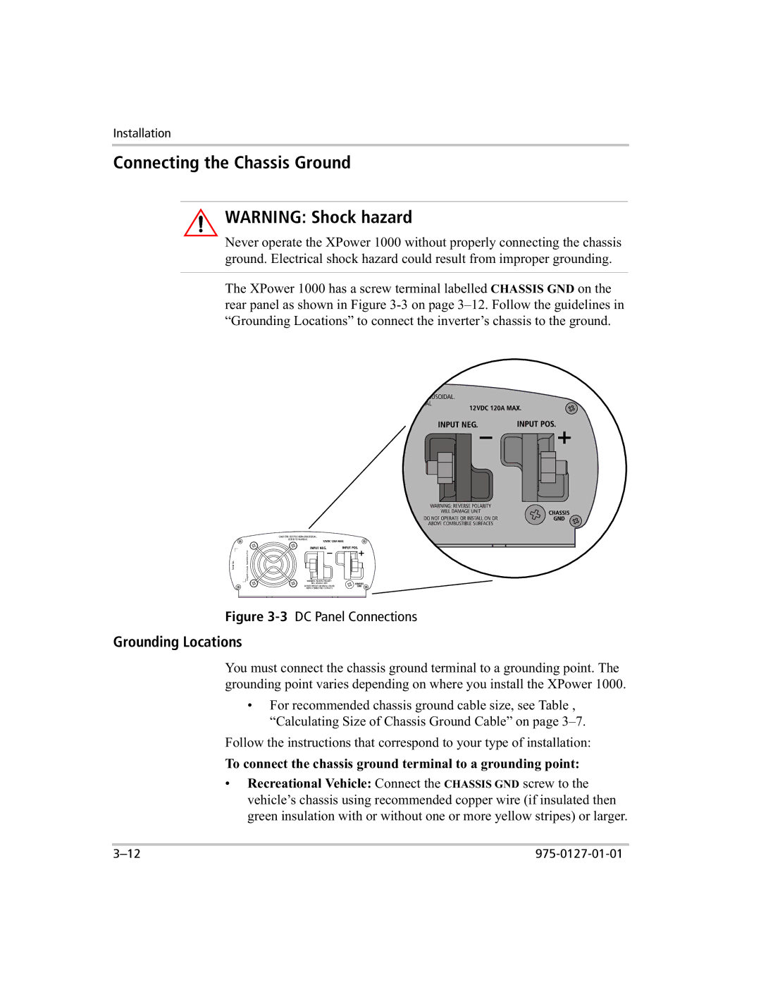 Xantrex Technology 1000 manual Connecting the Chassis Ground, Grounding Locations 