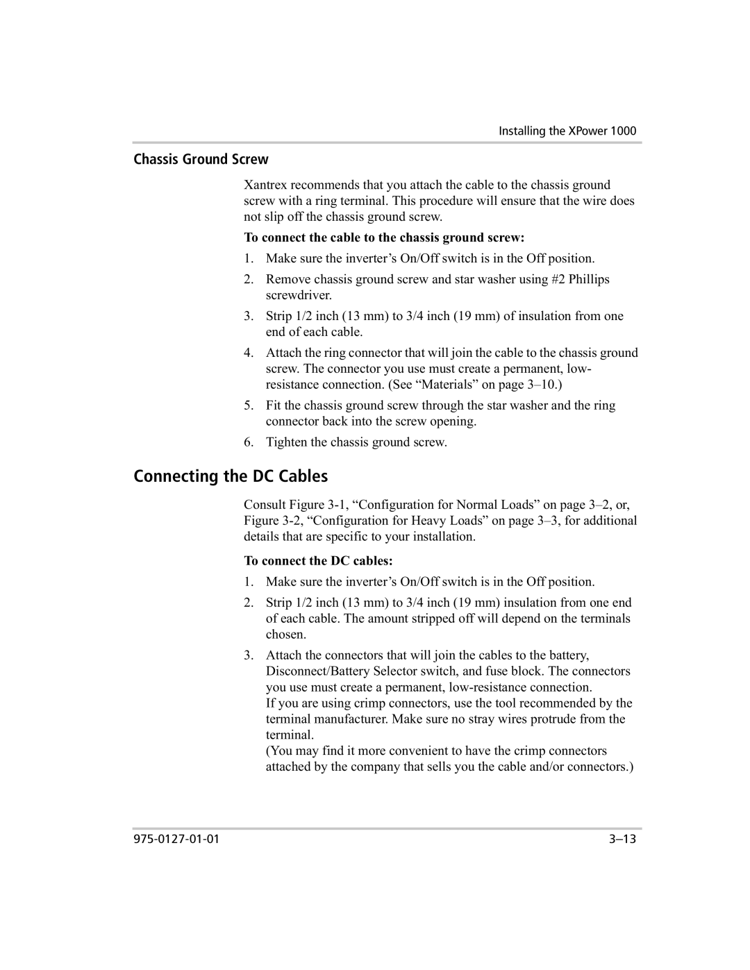 Xantrex Technology 1000 manual Connecting the DC Cables, Chassis Ground Screw 