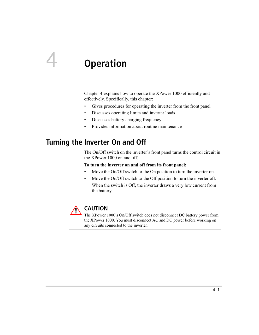 Xantrex Technology 1000 manual Operation, Turning the Inverter On and Off 