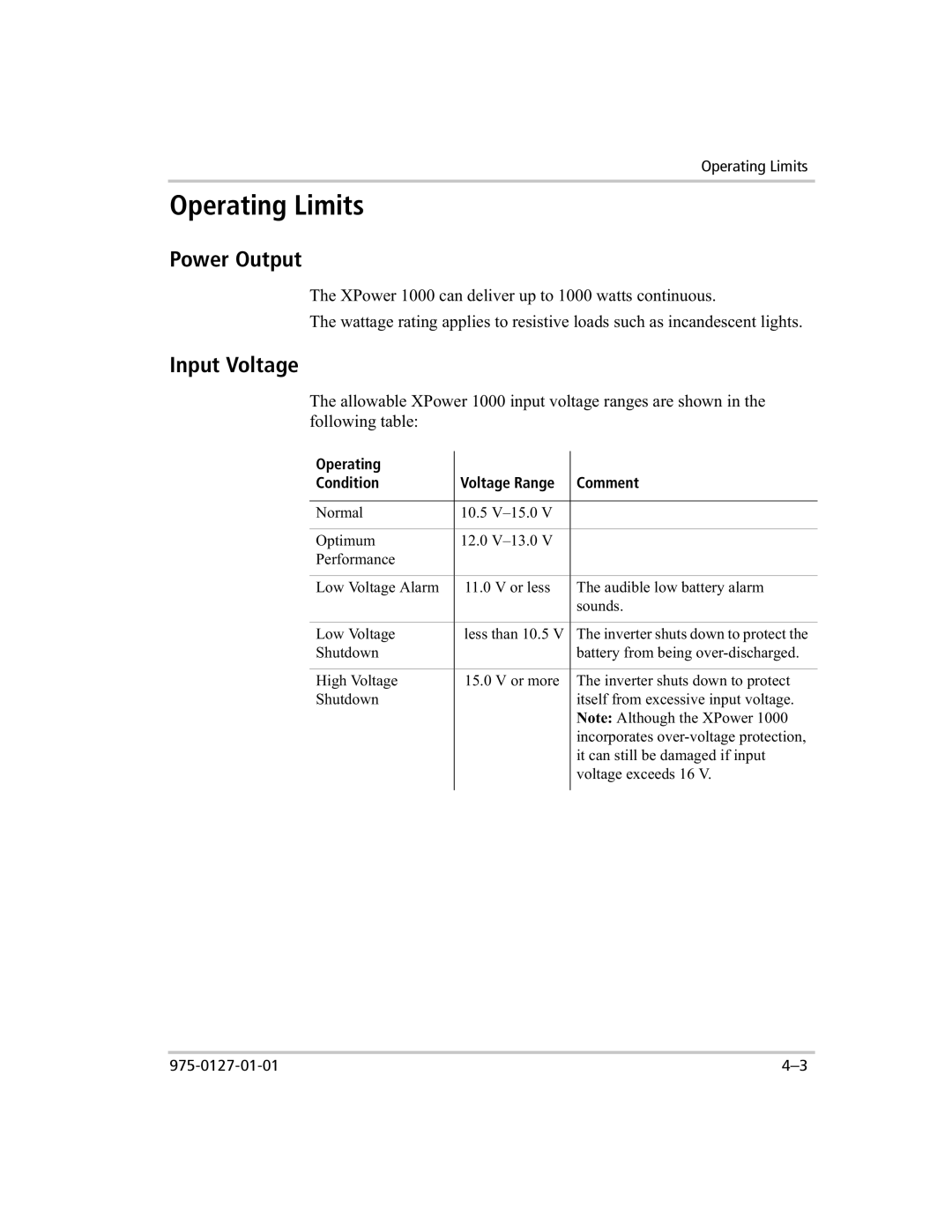 Xantrex Technology 1000 manual Operating Limits, Power Output, Input Voltage 