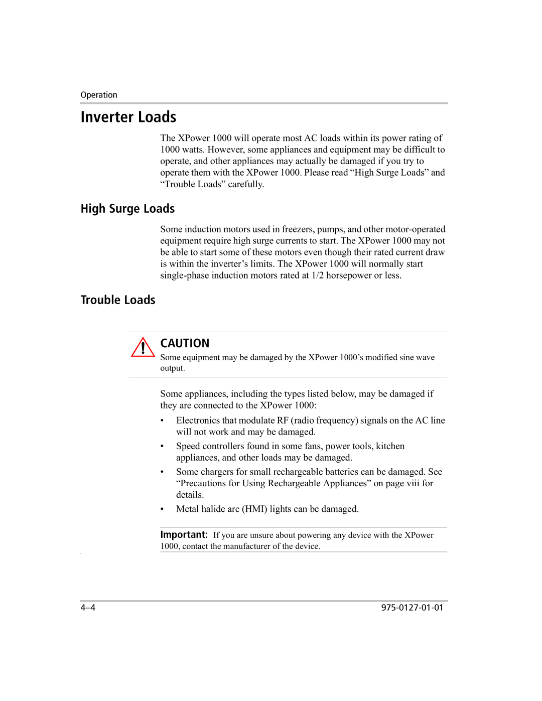 Xantrex Technology 1000 manual Inverter Loads, High Surge Loads, Trouble Loads 