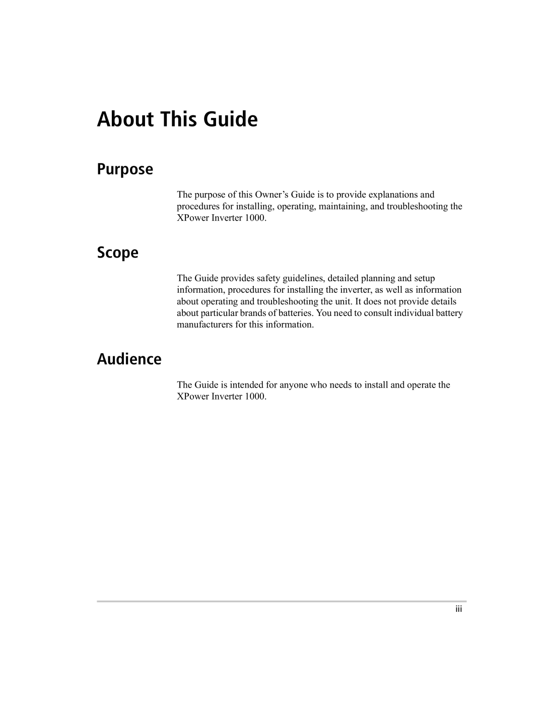 Xantrex Technology 1000 manual About This Guide, Purpose, Scope, Audience 