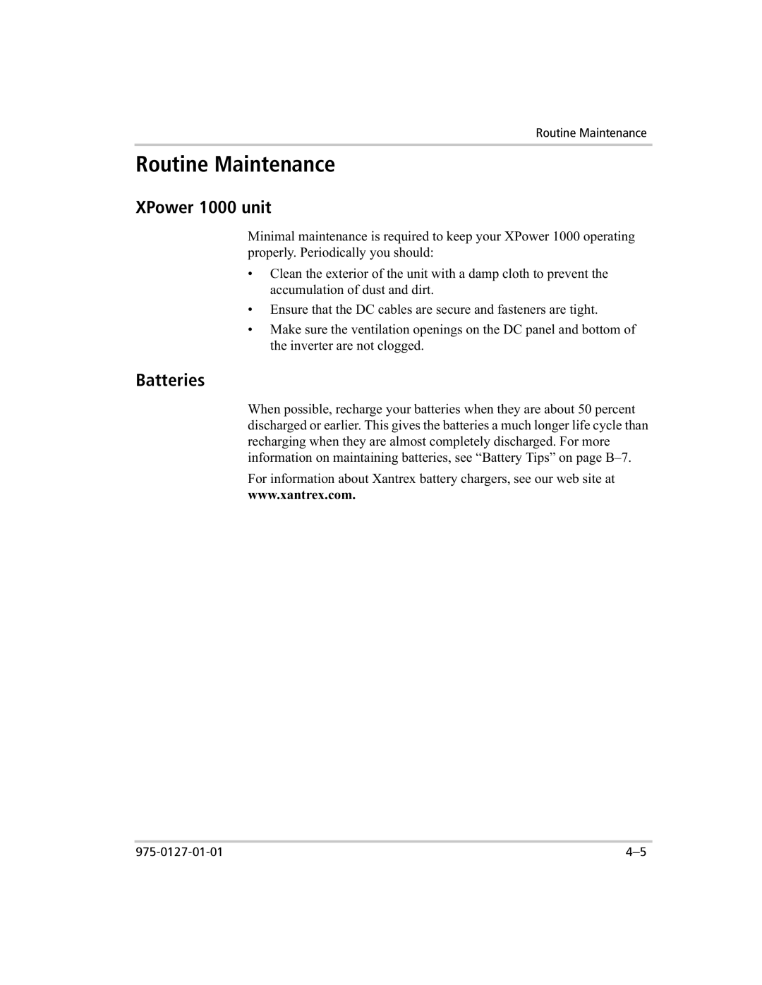 Xantrex Technology manual Routine Maintenance, XPower 1000 unit, Batteries 