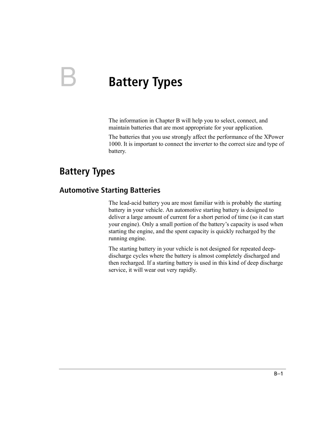 Xantrex Technology 1000 manual Battery Types, Automotive Starting Batteries 