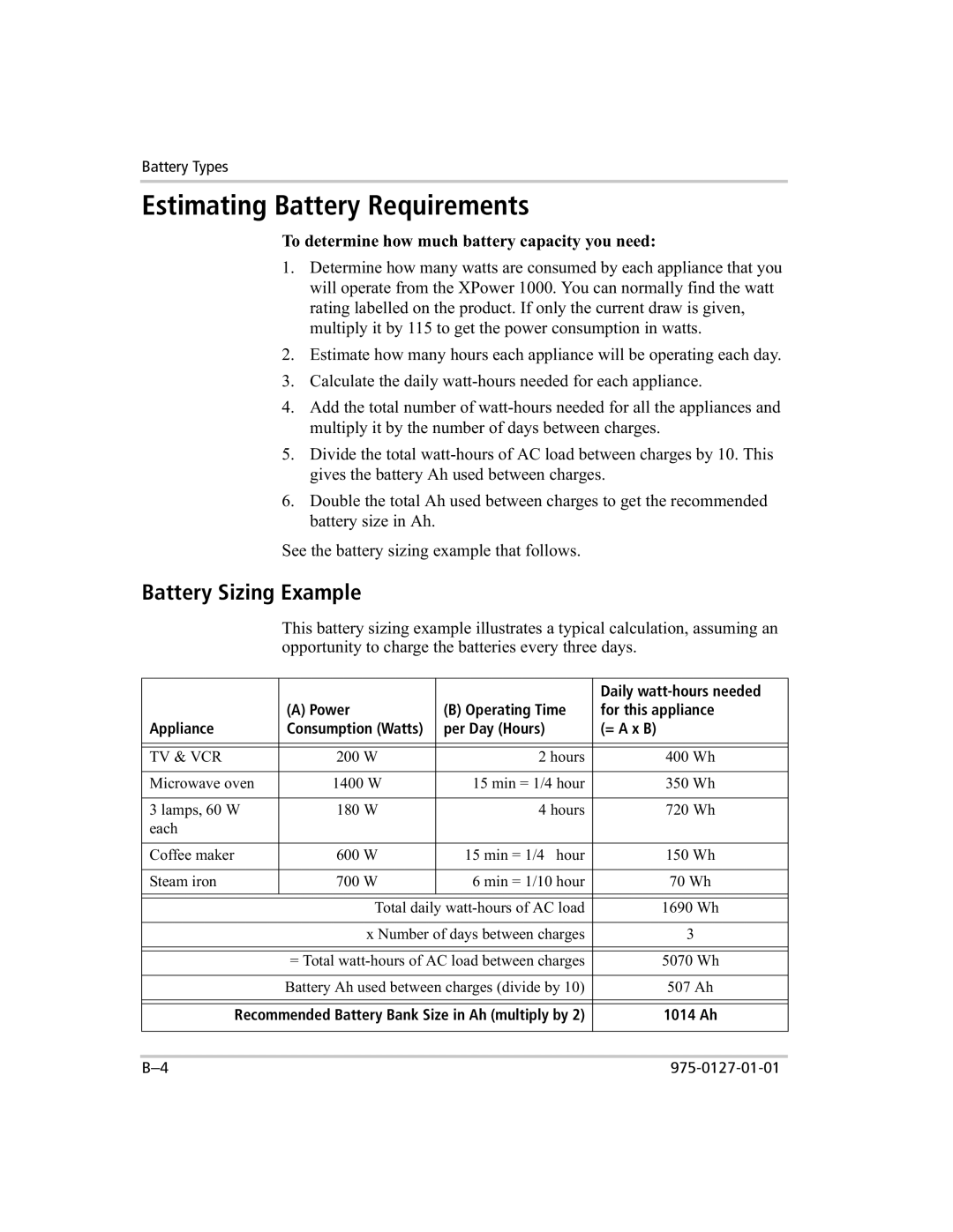 Xantrex Technology 1000 manual Estimating Battery Requirements, Battery Sizing Example 