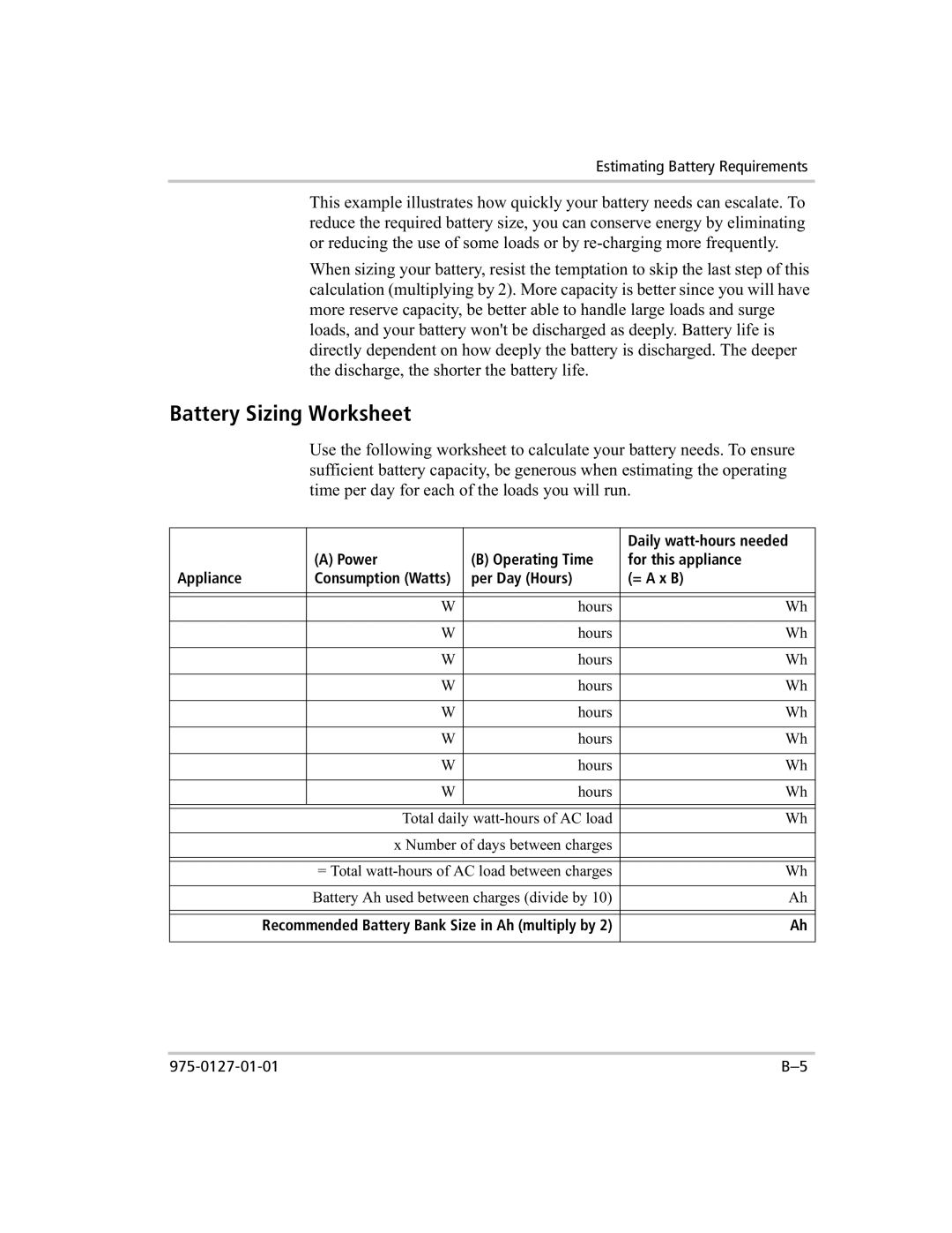 Xantrex Technology 1000 manual Battery Sizing Worksheet 