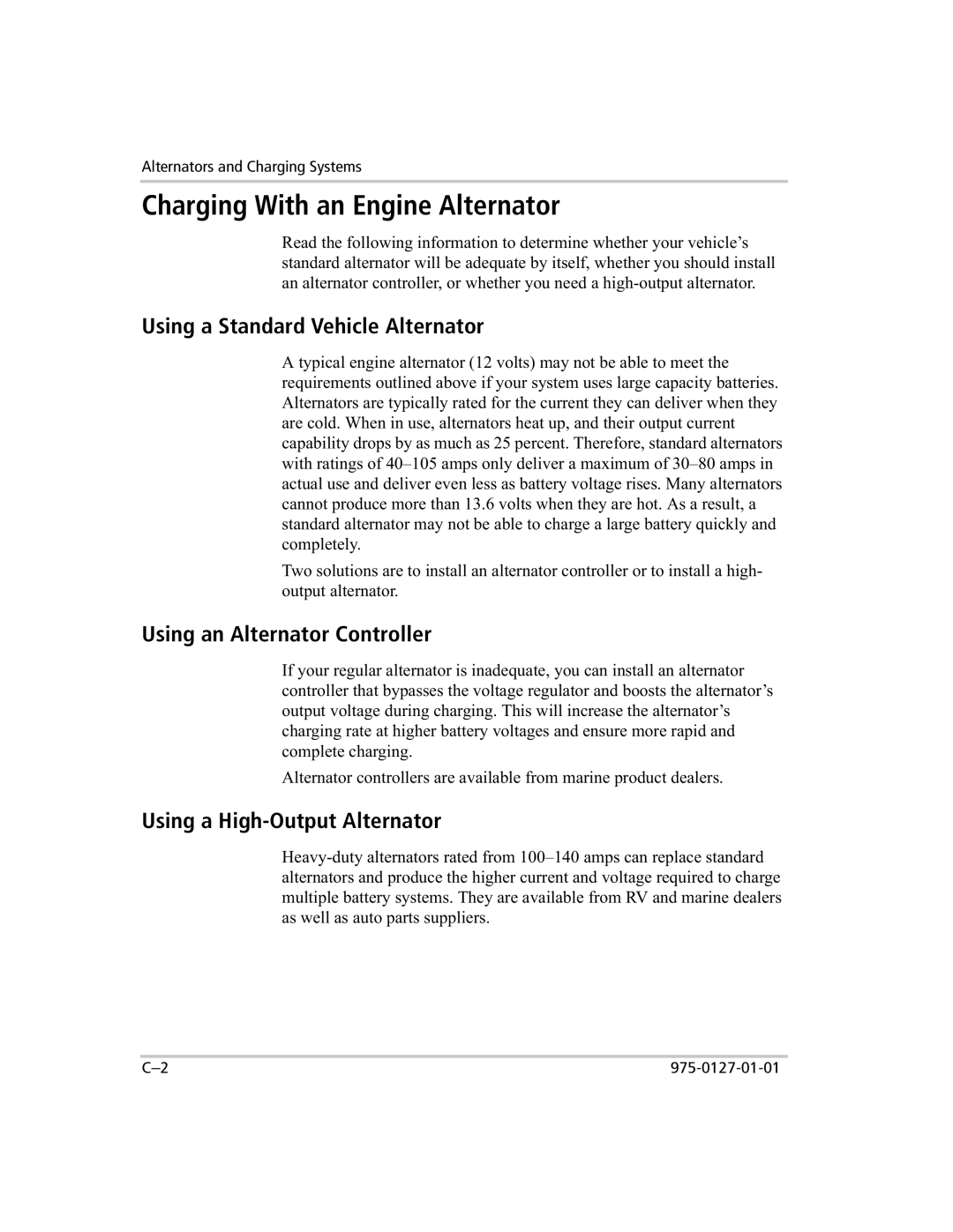 Xantrex Technology 1000 manual Charging With an Engine Alternator, Using a Standard Vehicle Alternator 