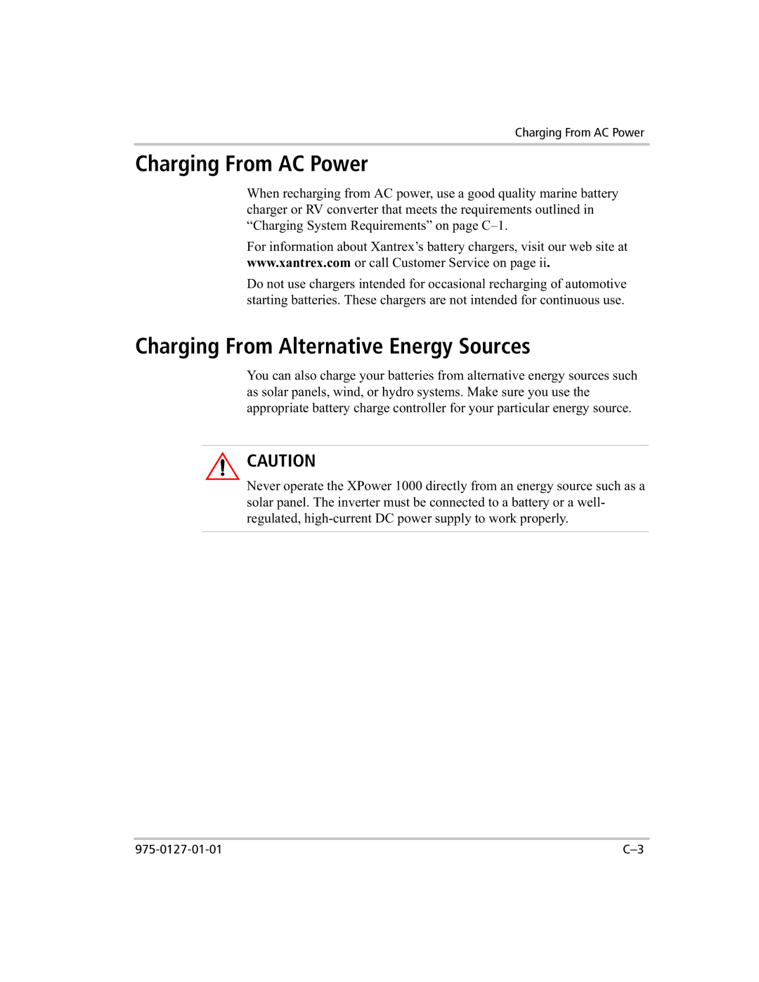 Xantrex Technology 1000 manual Charging From AC Power, Charging From Alternative Energy Sources 