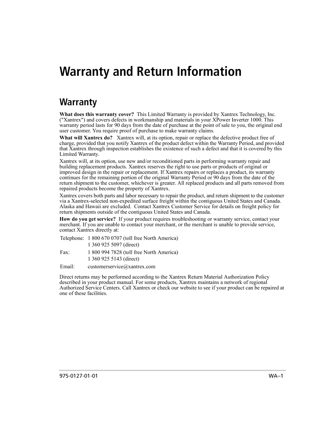 Xantrex Technology 1000 manual Warranty and Return Information 