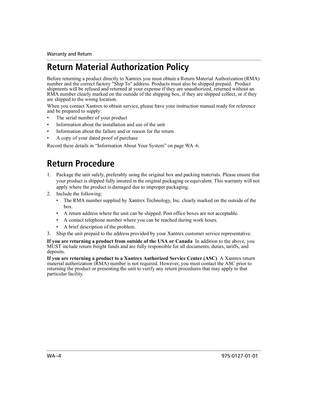 Xantrex Technology 1000 manual Return Material Authorization Policy, Return Procedure 