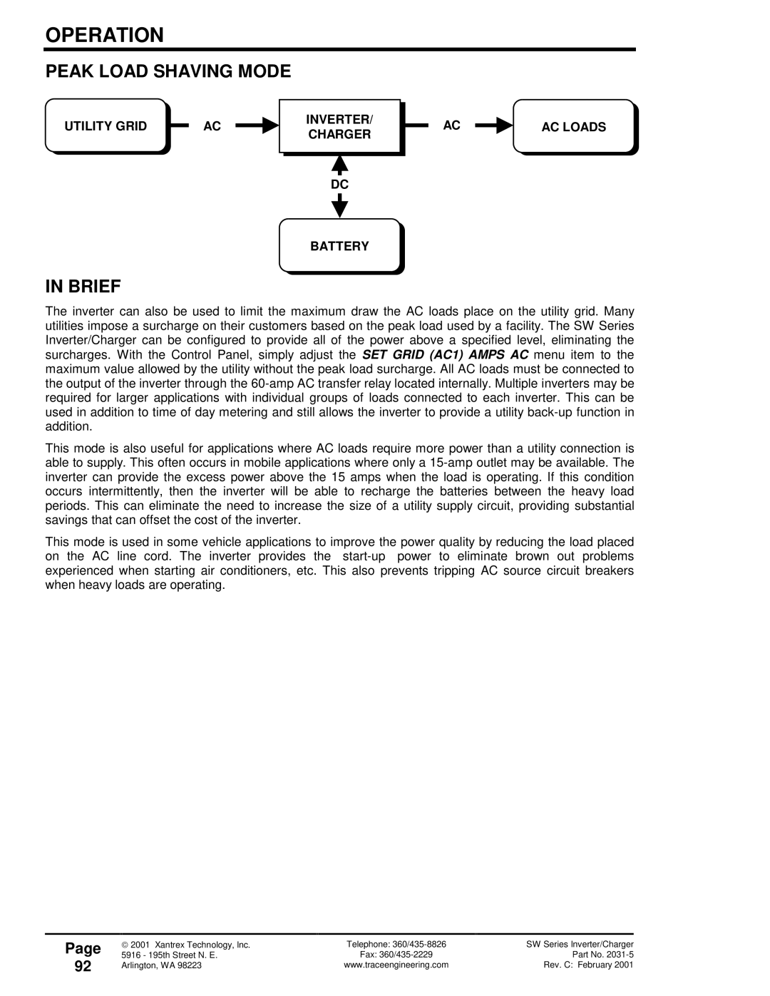 Xantrex Technology 120 VAC/60 owner manual Peak Load Shaving Mode, Brief 