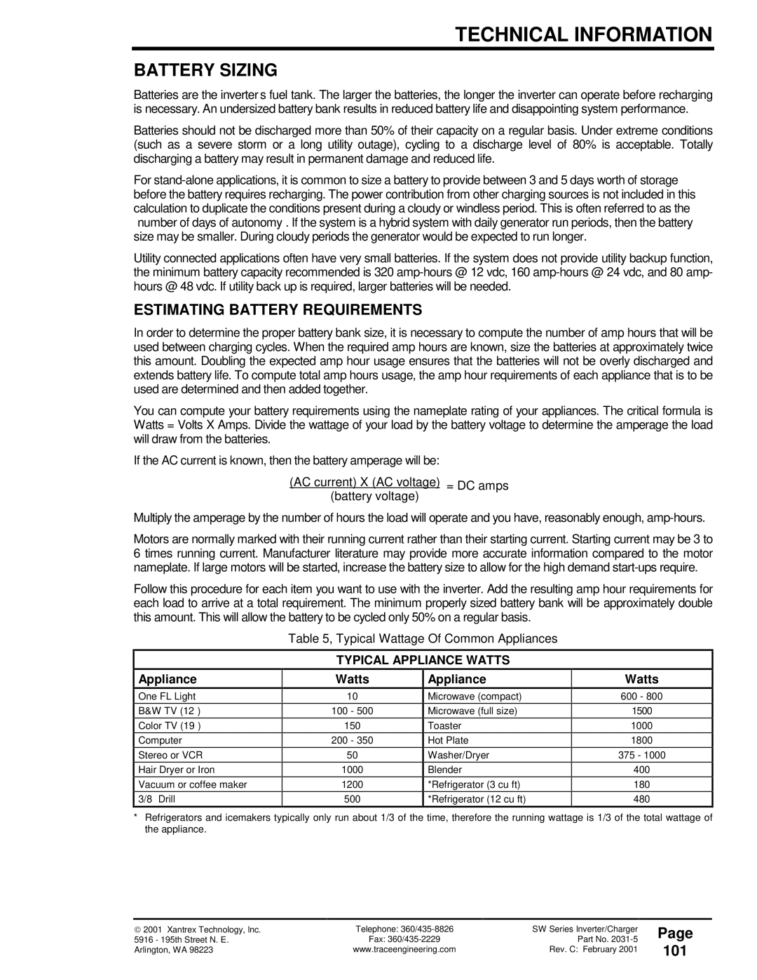 Xantrex Technology 120 VAC/60 owner manual Battery Sizing, Estimating Battery Requirements, 101, Typical Appliance Watts 