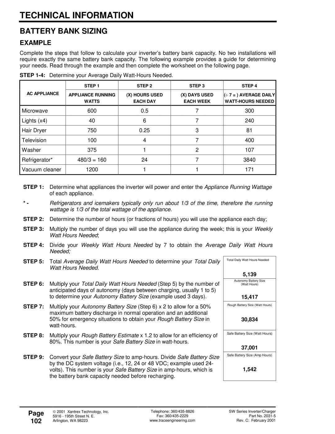 Xantrex Technology 120 VAC/60 owner manual Battery Bank Sizing, Example, 102 