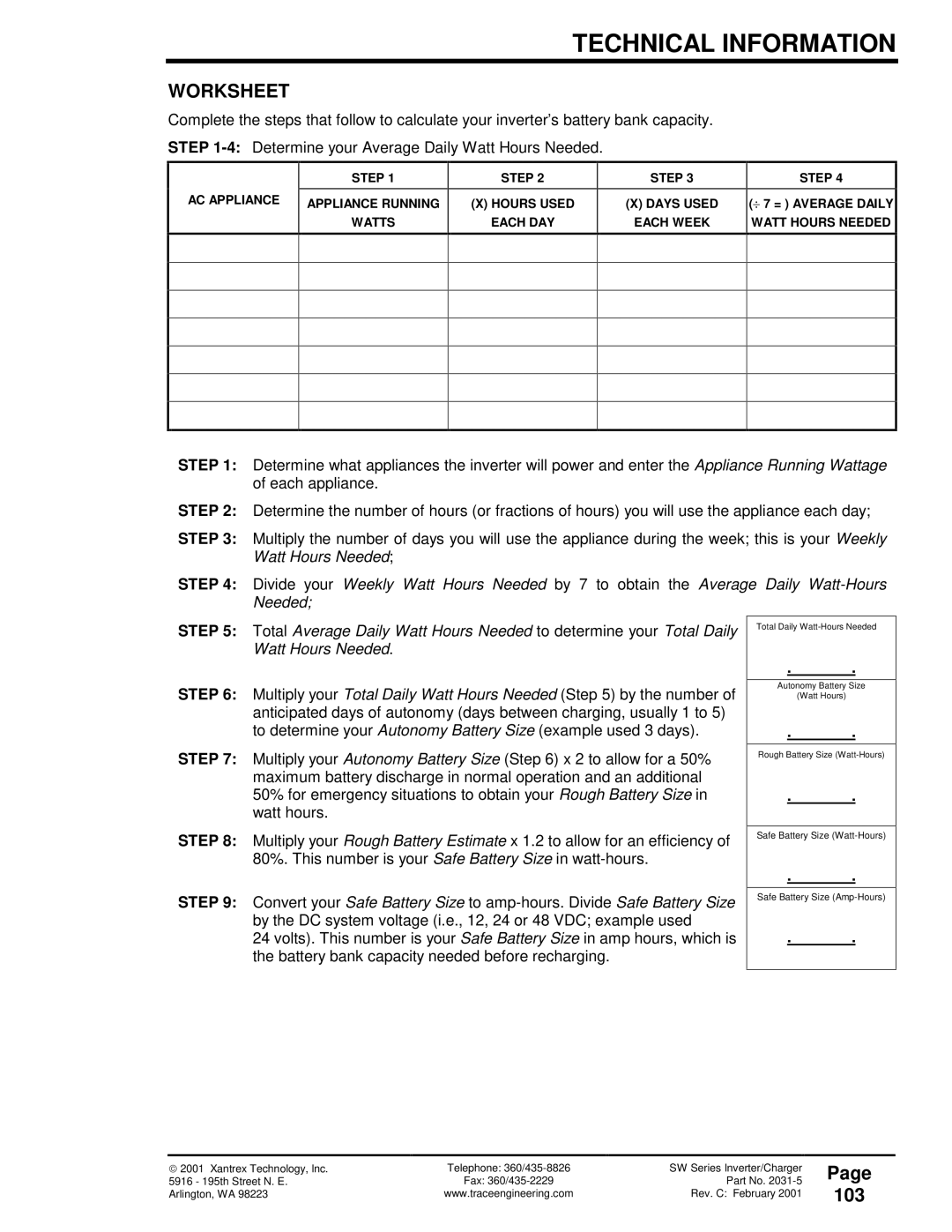 Xantrex Technology 120 VAC/60 owner manual Worksheet, 103 