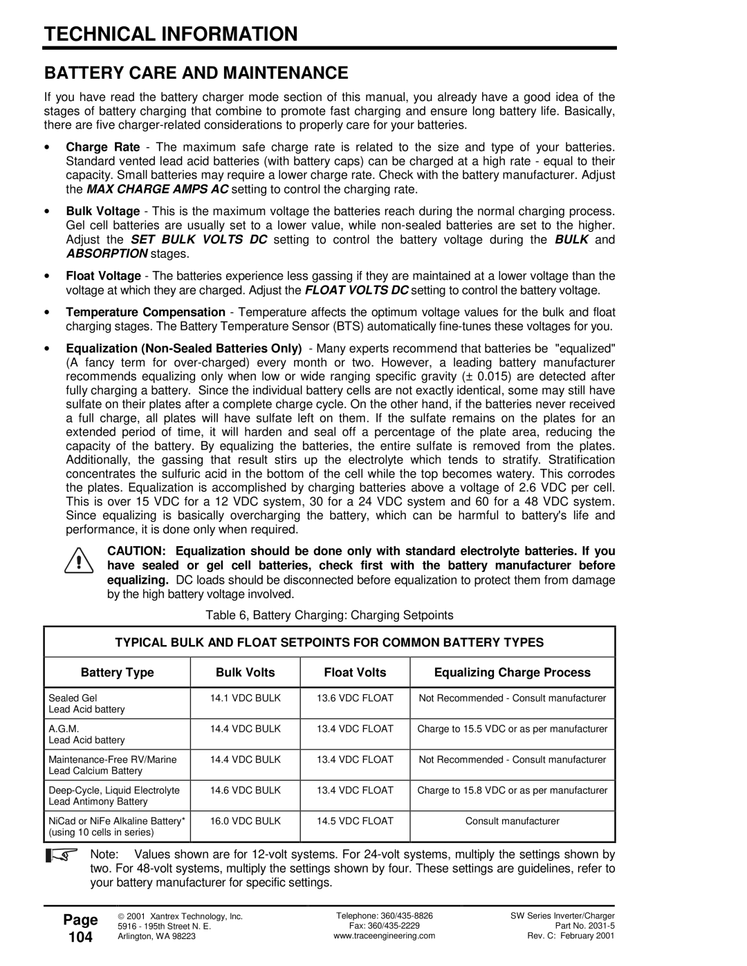 Xantrex Technology 120 VAC/60 owner manual Battery Care and Maintenance, 104 