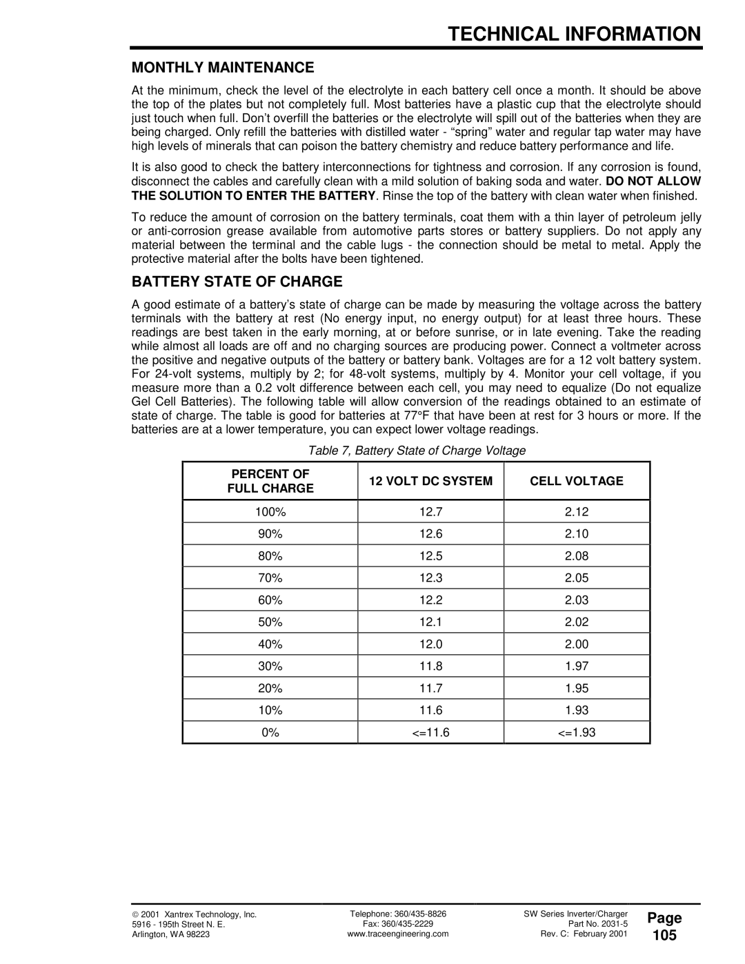 Xantrex Technology 120 VAC/60 owner manual Monthly Maintenance, Battery State of Charge, 105 