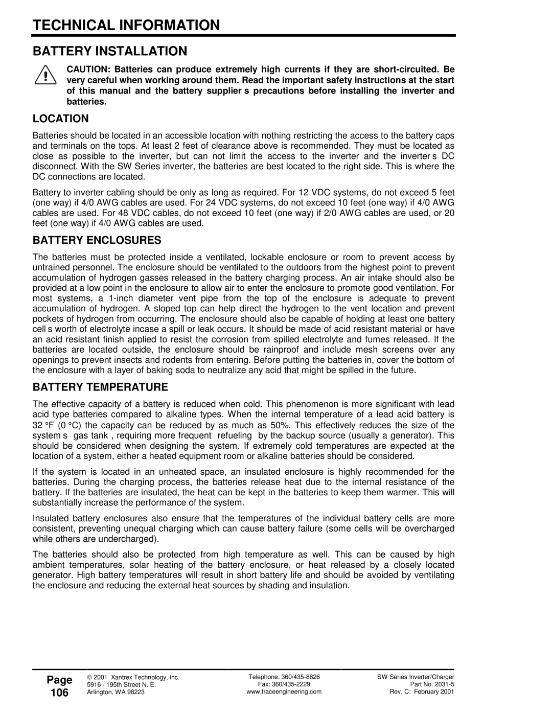 Xantrex Technology 120 VAC/60 owner manual Battery Installation, Battery Enclosures, Battery Temperature, 106 