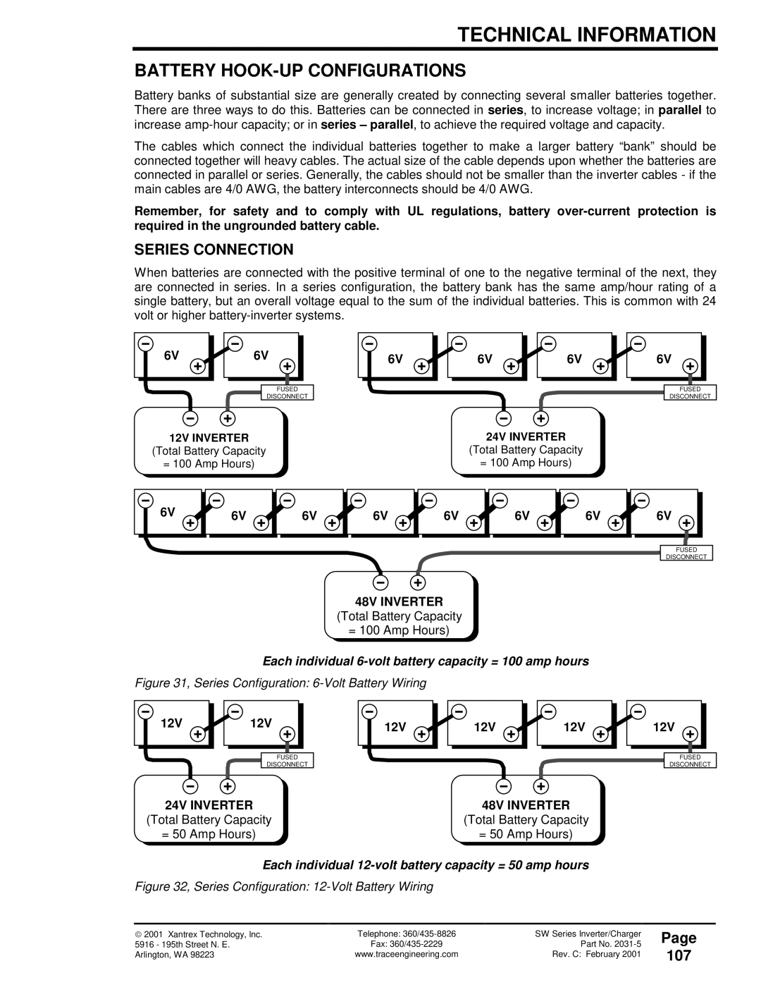 Xantrex Technology 120 VAC/60 owner manual Battery HOOK-UP Configurations, Series Connection, 107, 48V Inverter, 12V 