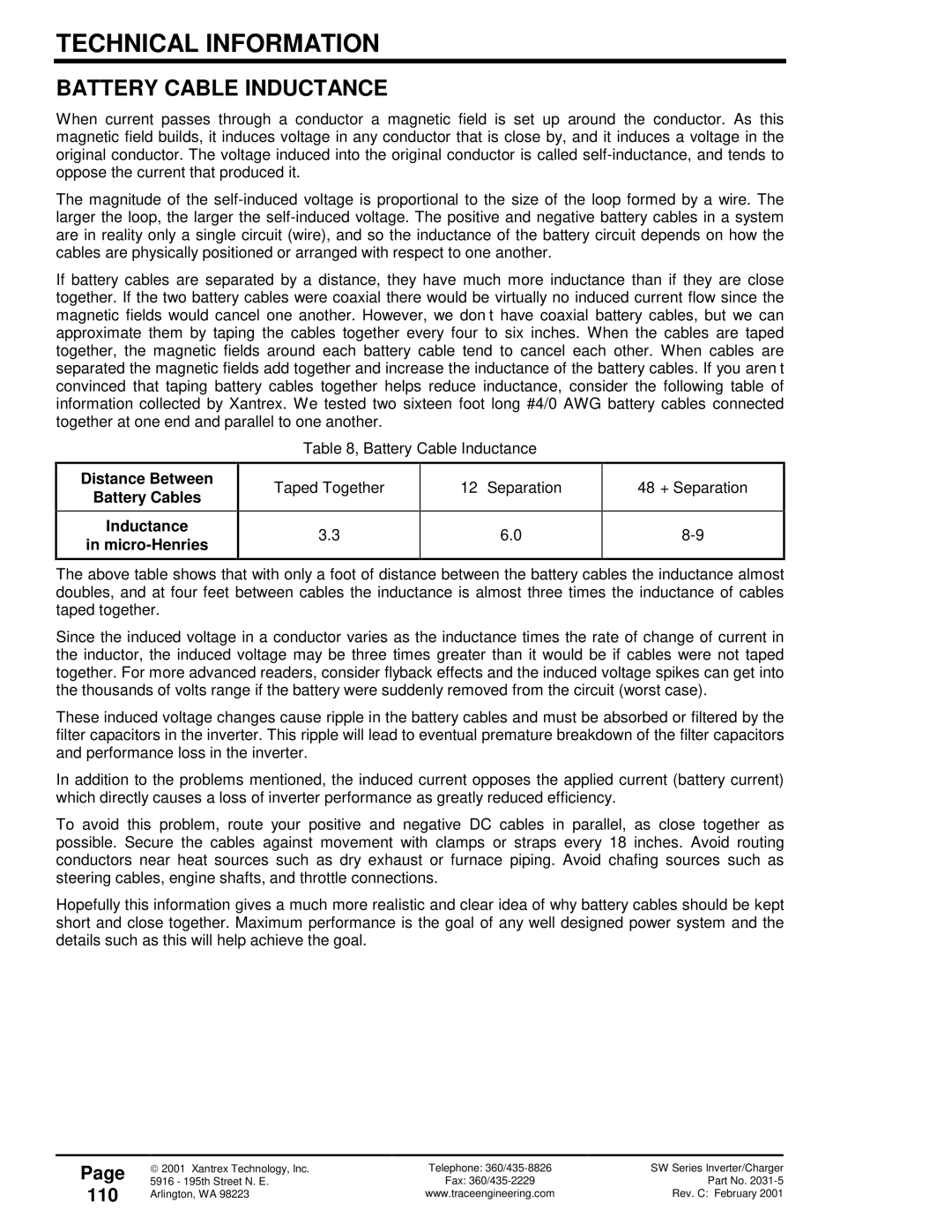 Xantrex Technology 120 VAC/60 Battery Cable Inductance, 110, Distance Between Battery Cables Inductance Micro-Henries 