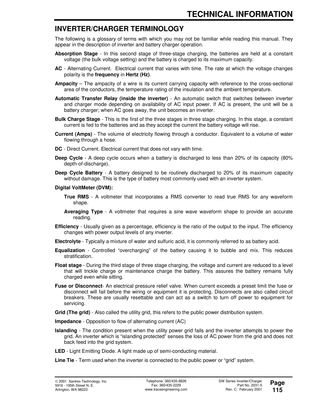 Xantrex Technology 120 VAC/60 owner manual INVERTER/CHARGER Terminology, 115, Digital VoltMeter DVM 