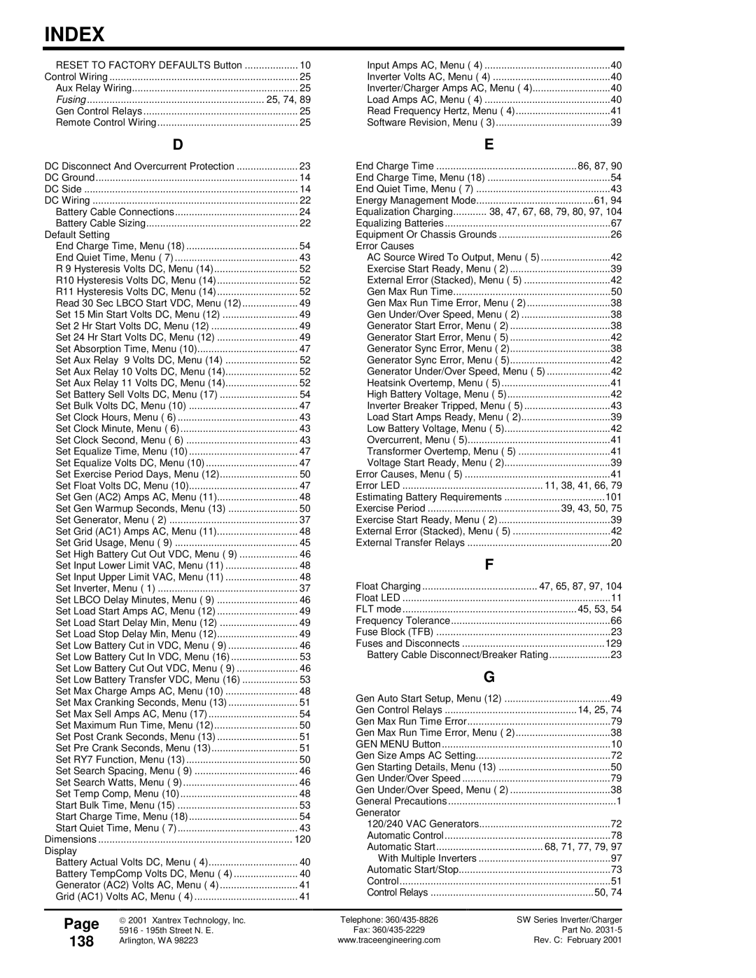 Xantrex Technology 120 VAC/60 owner manual 138, Fusing 25, 74 