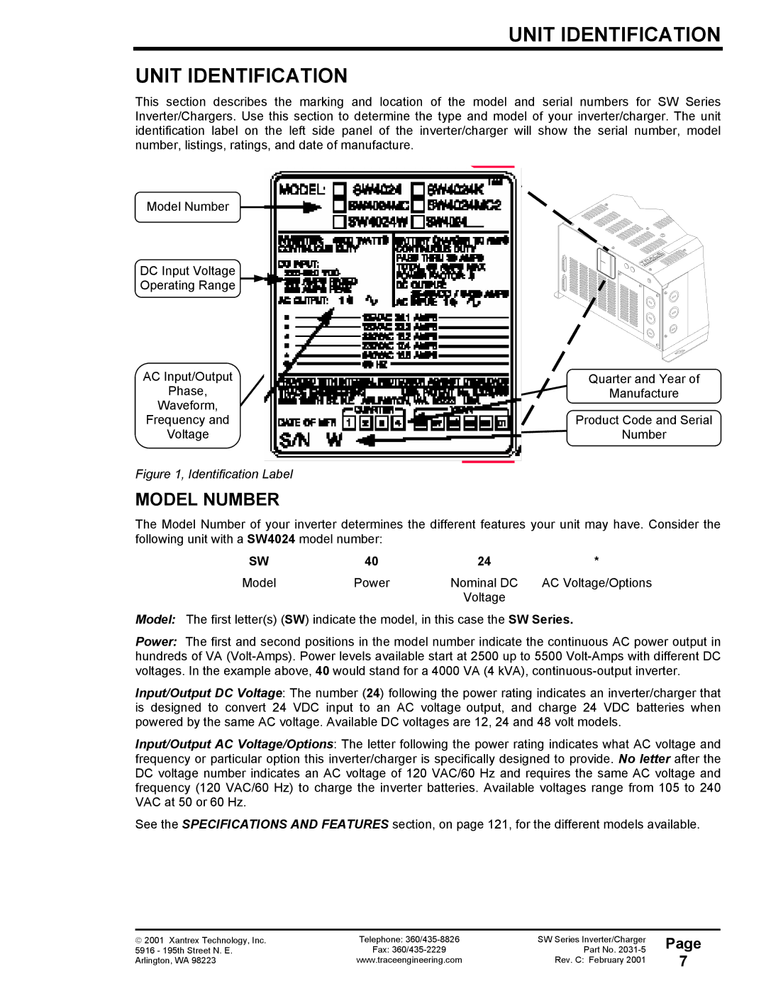 Xantrex Technology 120 VAC/60 owner manual Unit Identification 