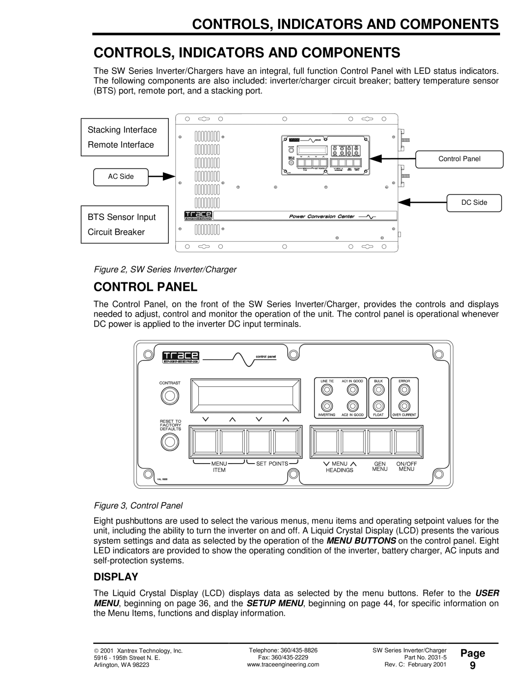 Xantrex Technology 120 VAC/60 owner manual CONTROLS, Indicators and Components, Control Panel, Display 