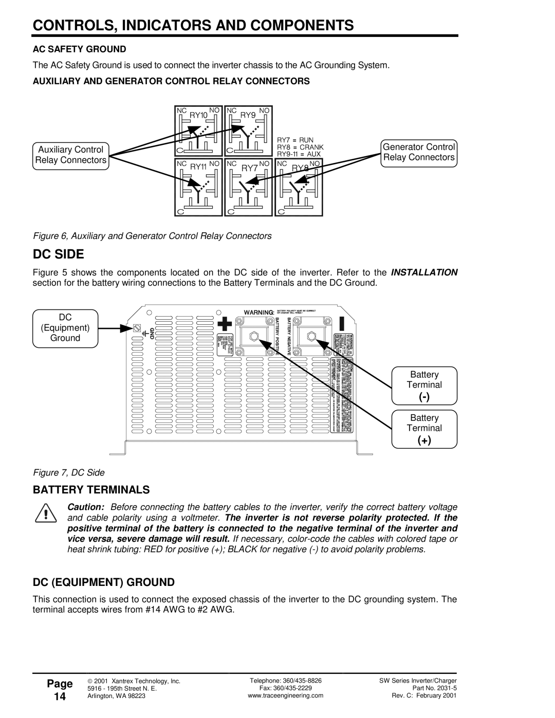 Xantrex Technology 120 VAC/60 owner manual DC Side, Battery Terminals DC Equipment Ground, AC Safety Ground 