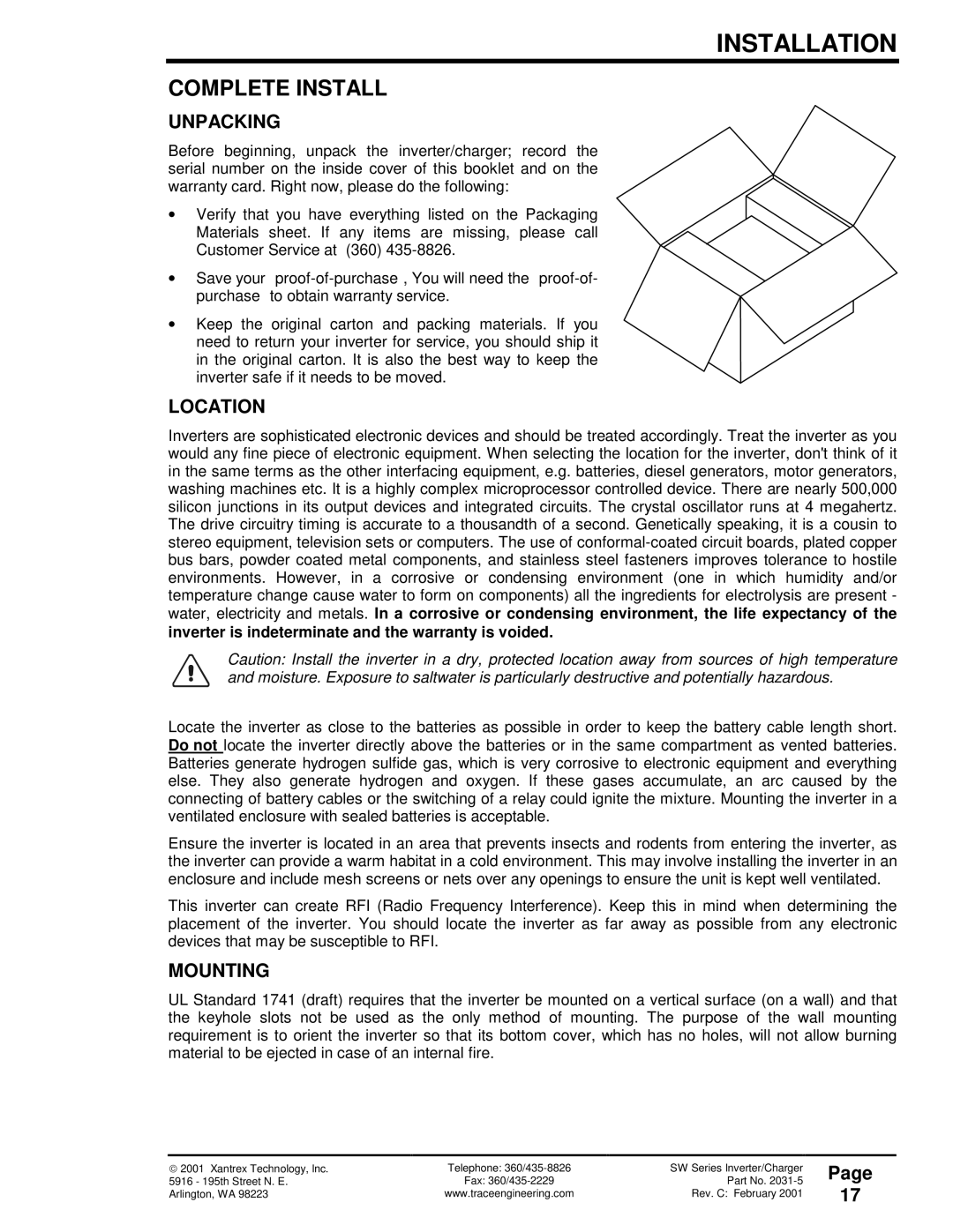 Xantrex Technology 120 VAC/60 owner manual Complete Install, Unpacking, Location 