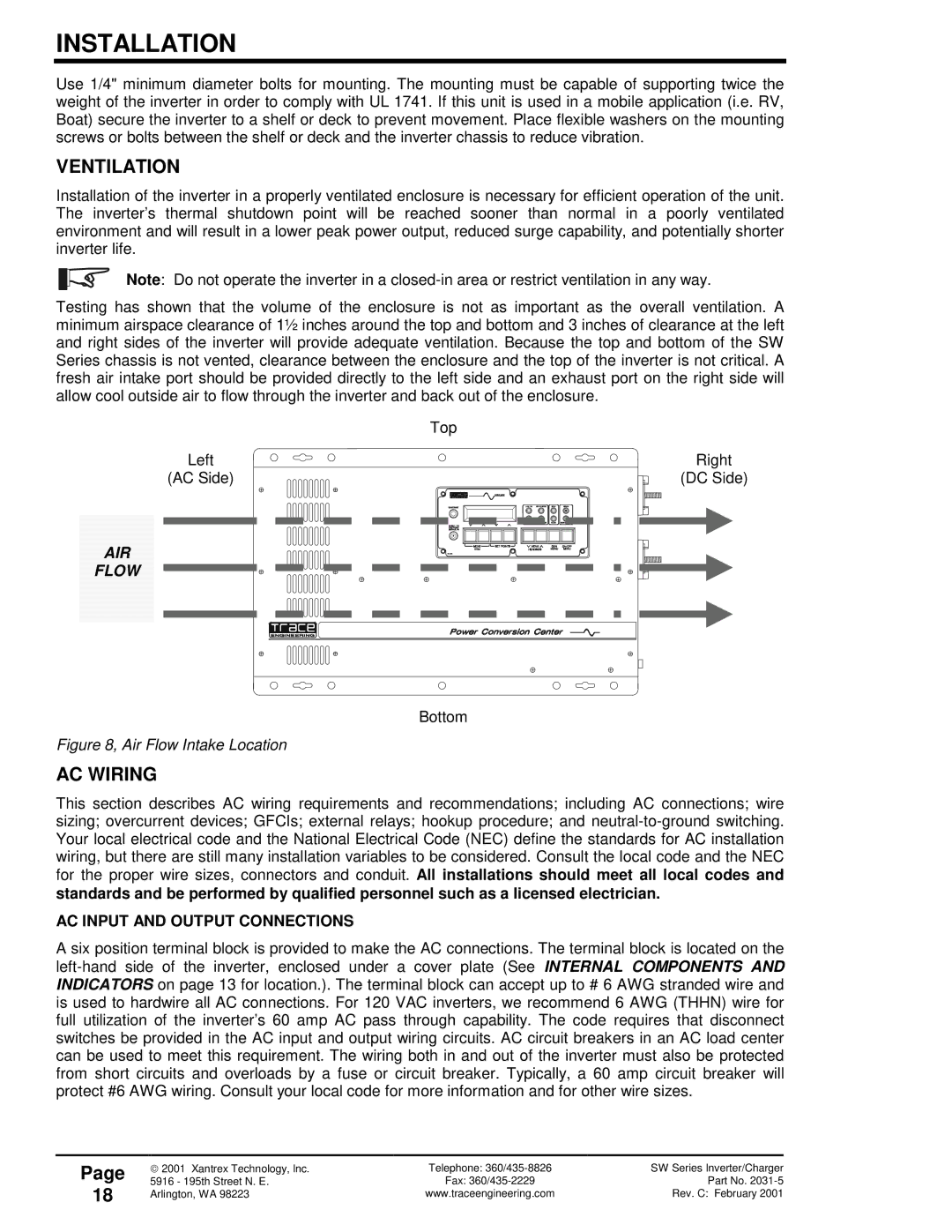 Xantrex Technology 120 VAC/60 owner manual Ventilation, AC Wiring, AC Input and Output Connections 