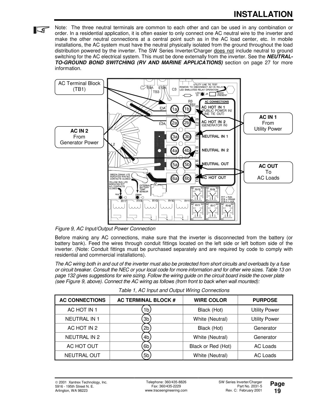 Xantrex Technology 120 VAC/60 owner manual Ac Out, AC Connections, AC Terminal Block # Wire Color, Purpose 