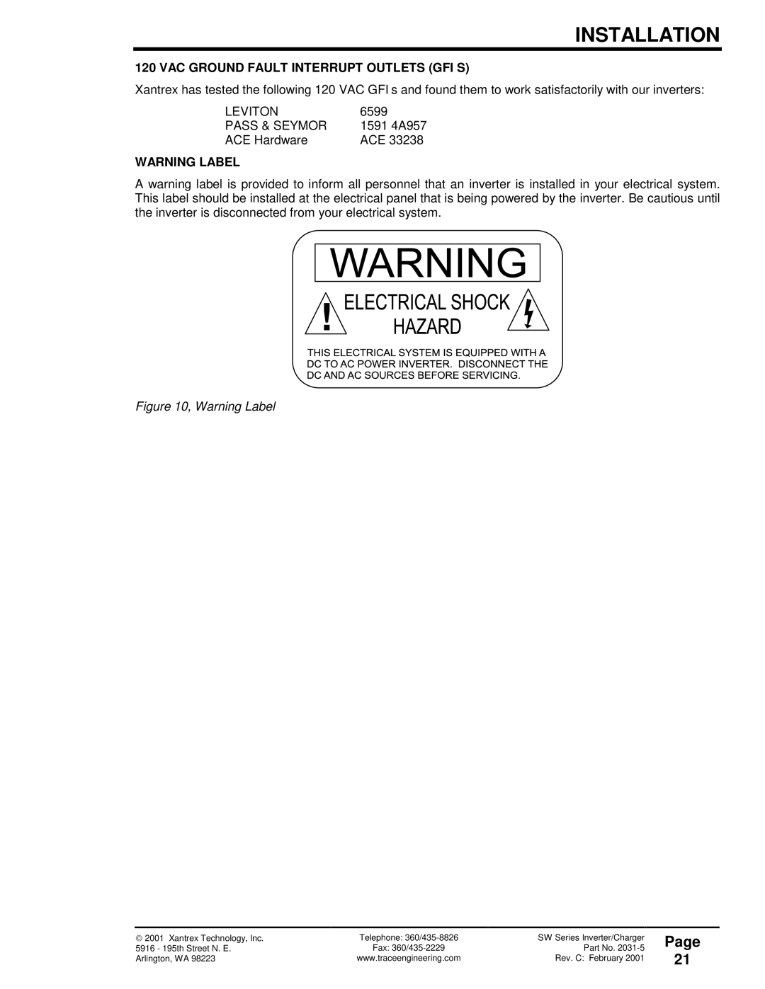 Xantrex Technology 120 VAC/60 owner manual VAC Ground Fault Interrupt Outlets GFI’S, Pass & Seymor 