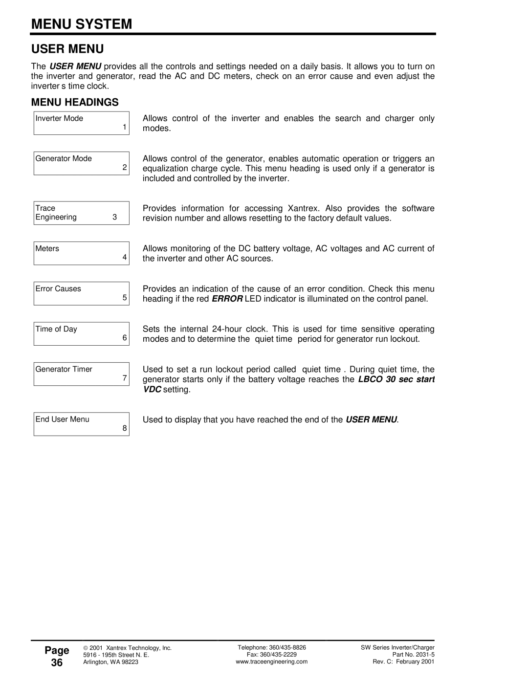 Xantrex Technology 120 VAC/60 owner manual User Menu, Menu Headings 