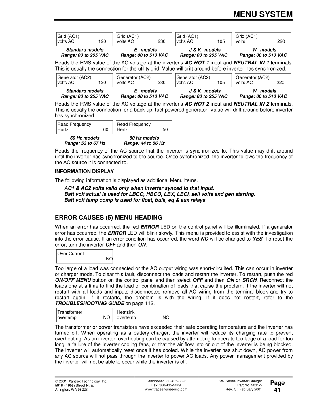 Xantrex Technology 120 VAC/60 owner manual Error Causes 5 Menu Heading 