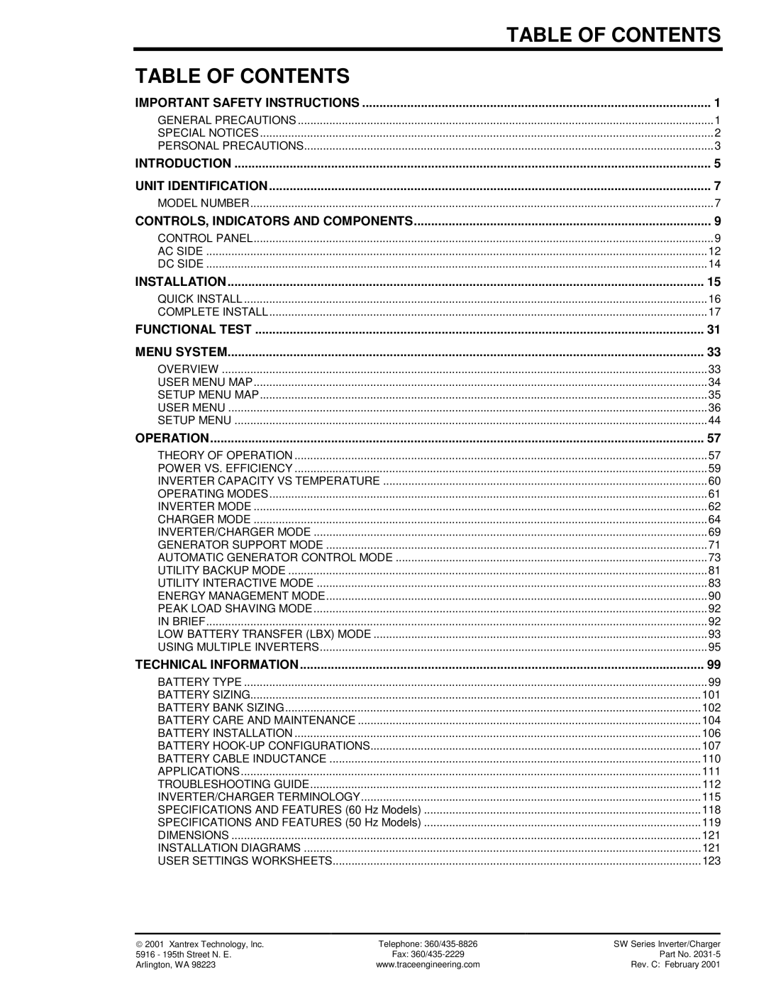 Xantrex Technology 120 VAC/60 owner manual Table of Contents, Operation 