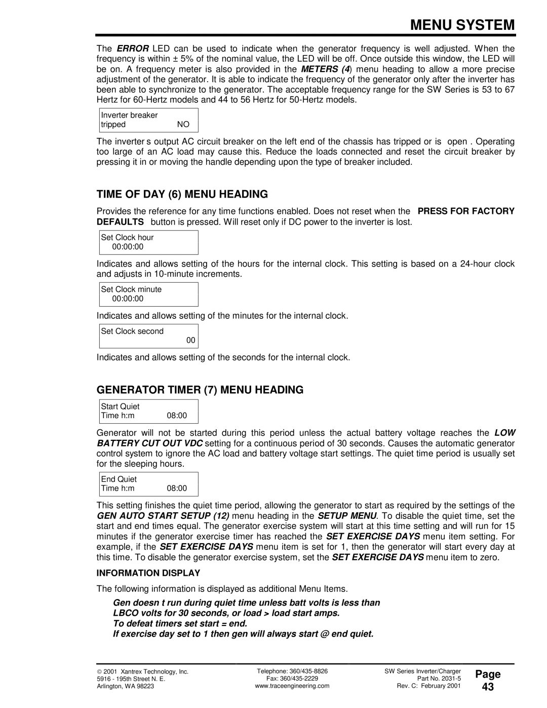 Xantrex Technology 120 VAC/60 owner manual Time of DAY 6 Menu Heading, Generator Timer 7 Menu Heading 