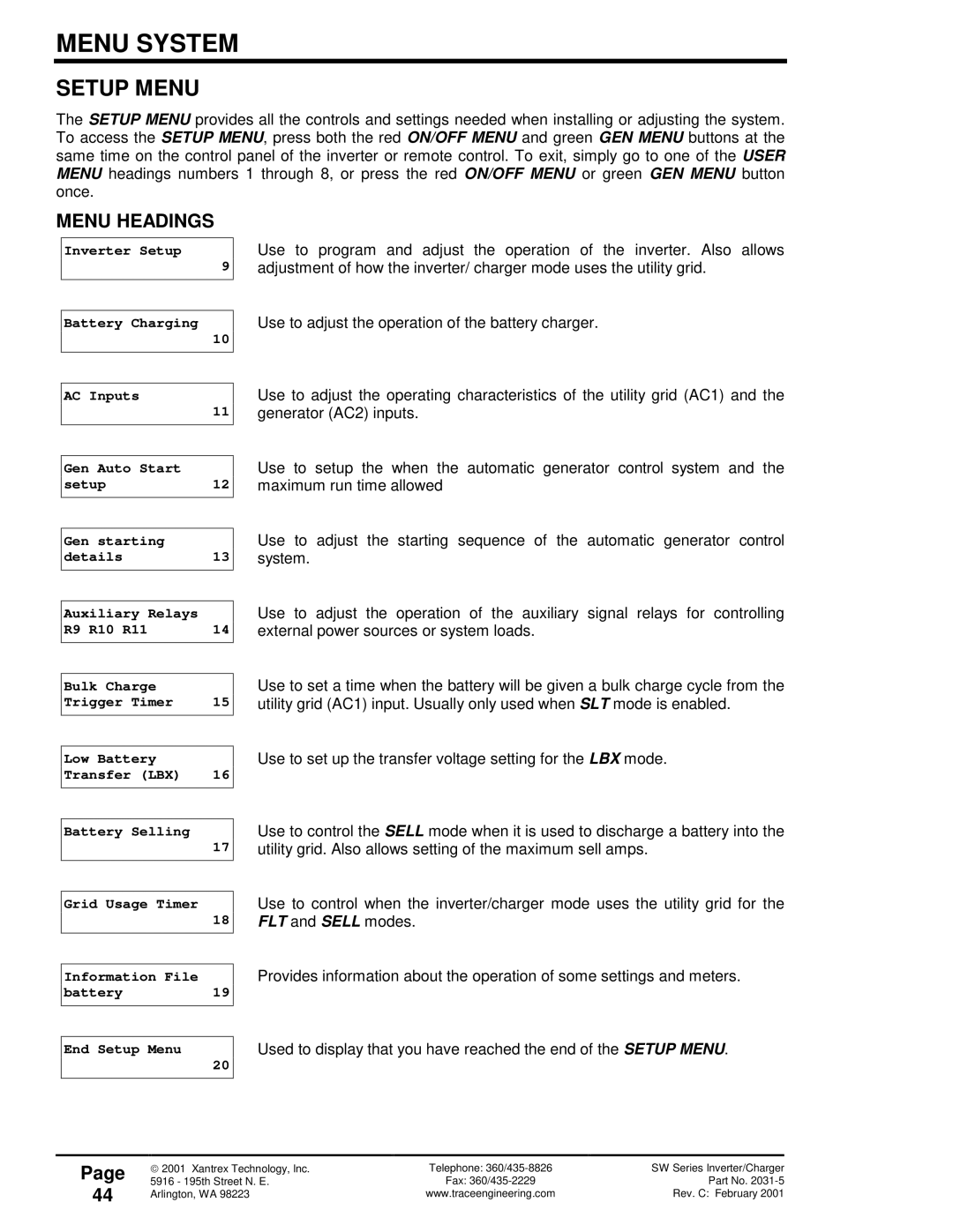 Xantrex Technology 120 VAC/60 owner manual Setup Menu, Menu Headings 