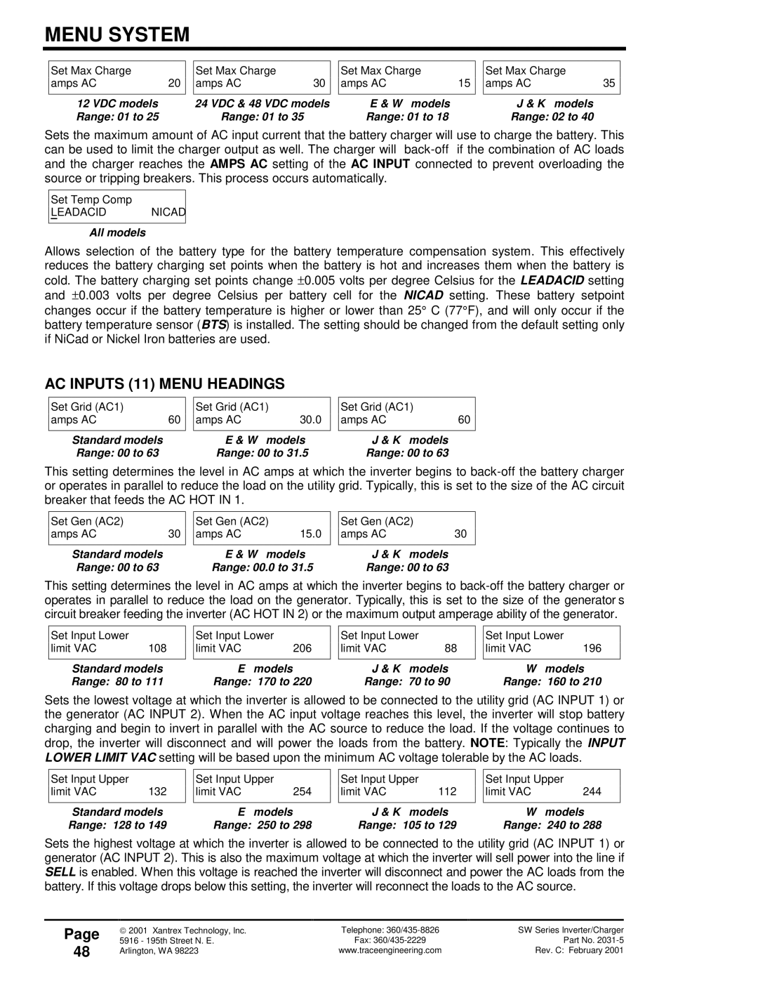 Xantrex Technology 120 VAC/60 owner manual AC Inputs 11 Menu Headings 