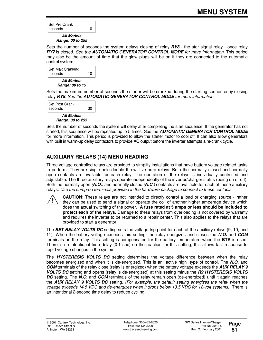 Xantrex Technology 120 VAC/60 owner manual Auxiliary Relays 14 Menu Heading 