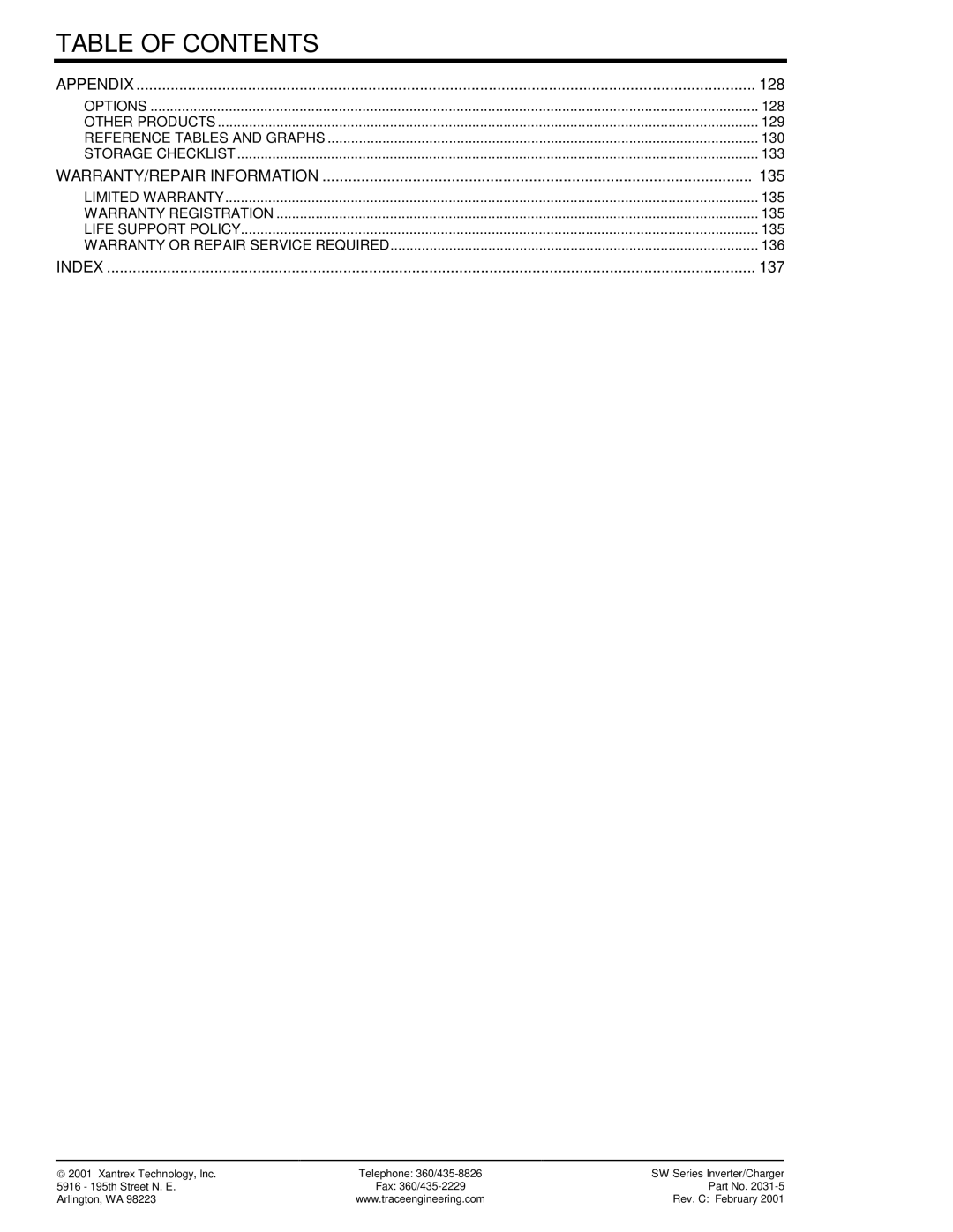 Xantrex Technology 120 VAC/60 owner manual 128, 135, 137 