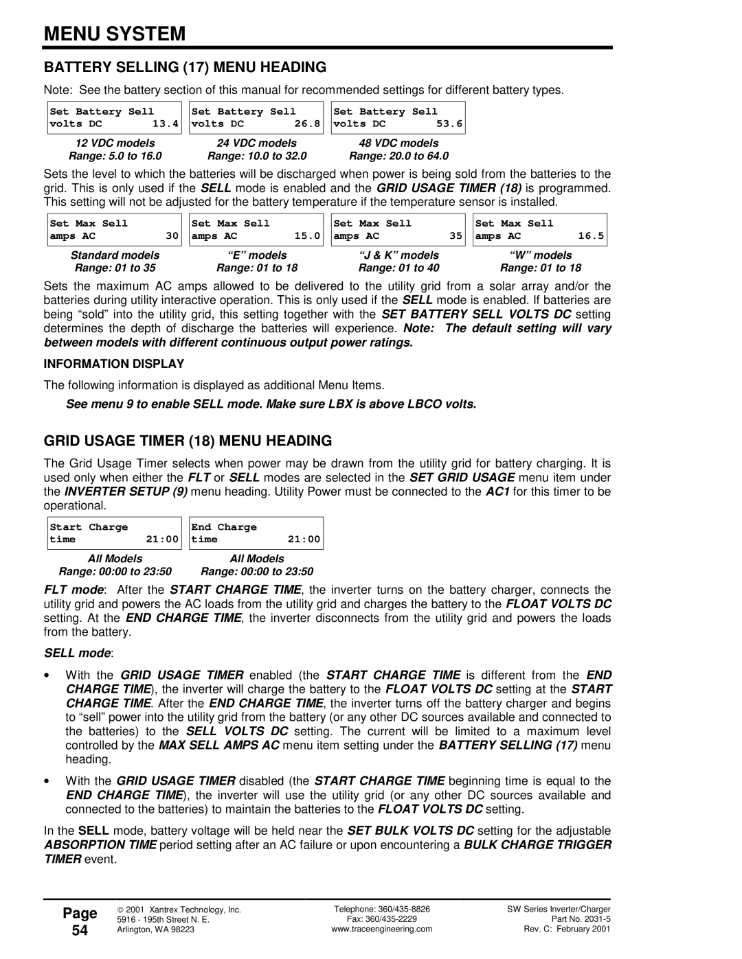 Xantrex Technology 120 VAC/60 owner manual Battery Selling 17 Menu Heading, Grid Usage Timer 18 Menu Heading 