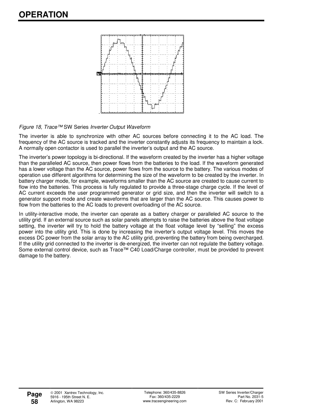 Xantrex Technology 120 VAC/60 owner manual Trace SW Series Inverter Output Waveform 